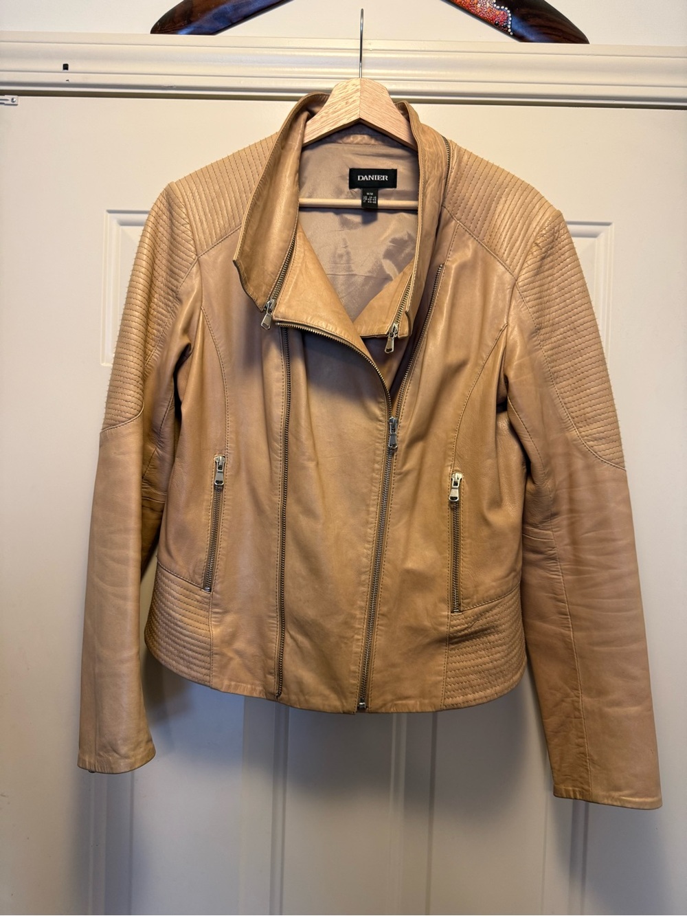 Danier Camel Leather Moto Jacket with Quilted Shoulders